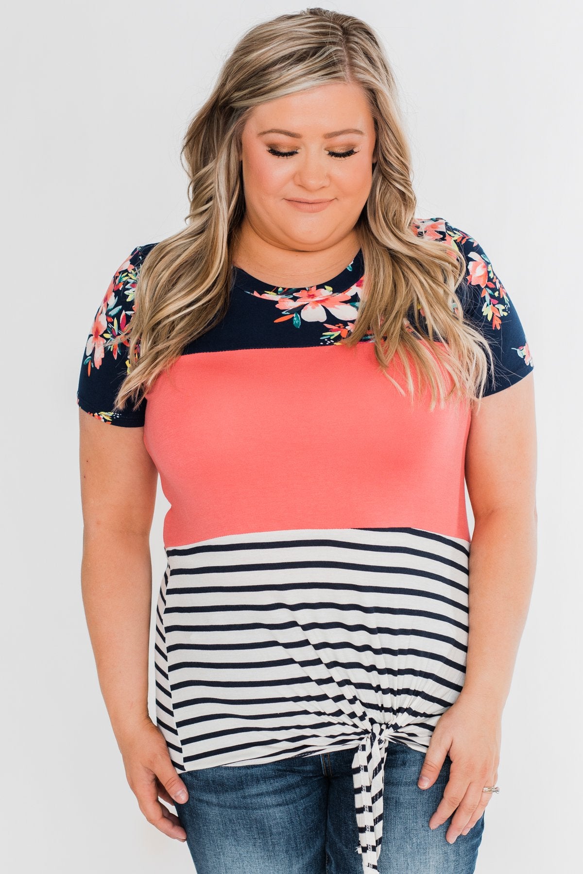 Crash Into You Floral Color Block Top- Navy & Dark Coral