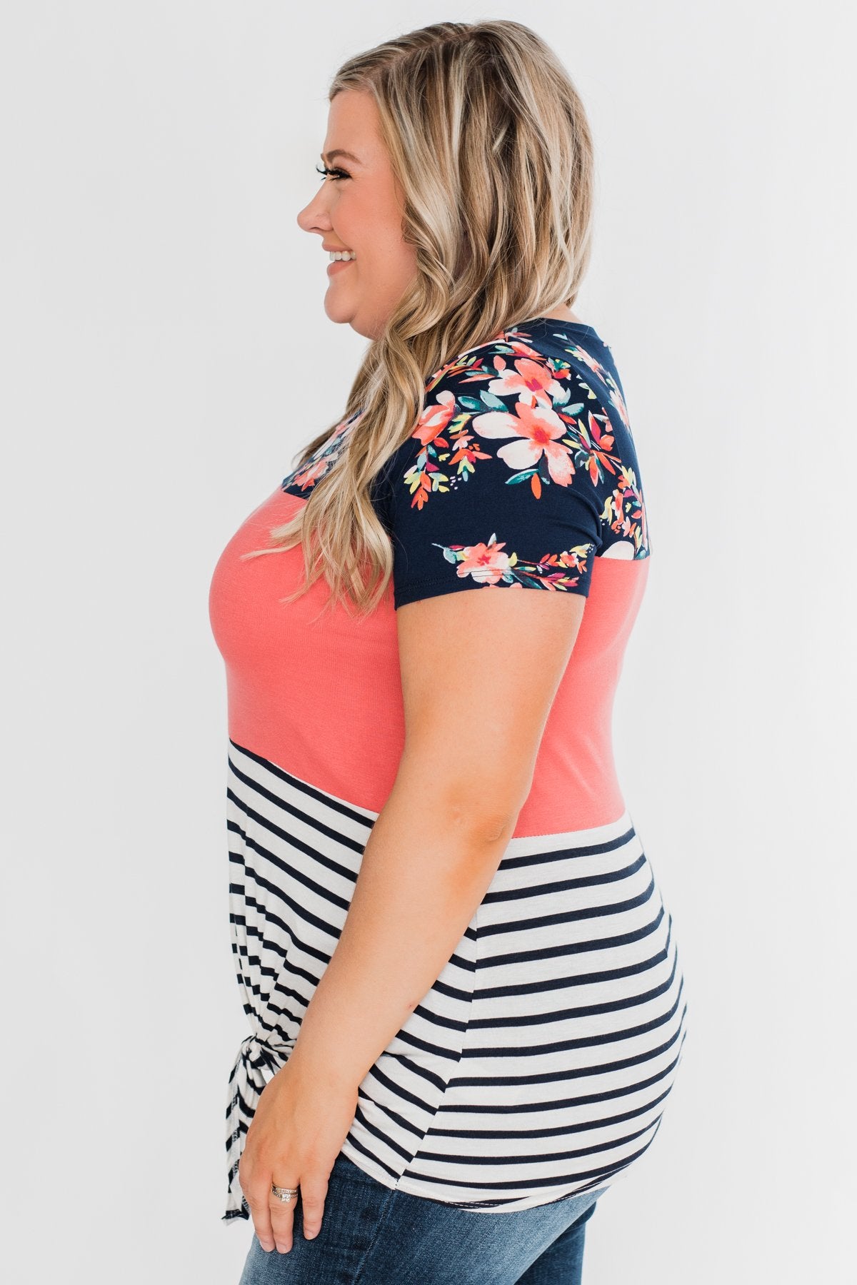 Crash Into You Floral Color Block Top- Navy & Dark Coral
