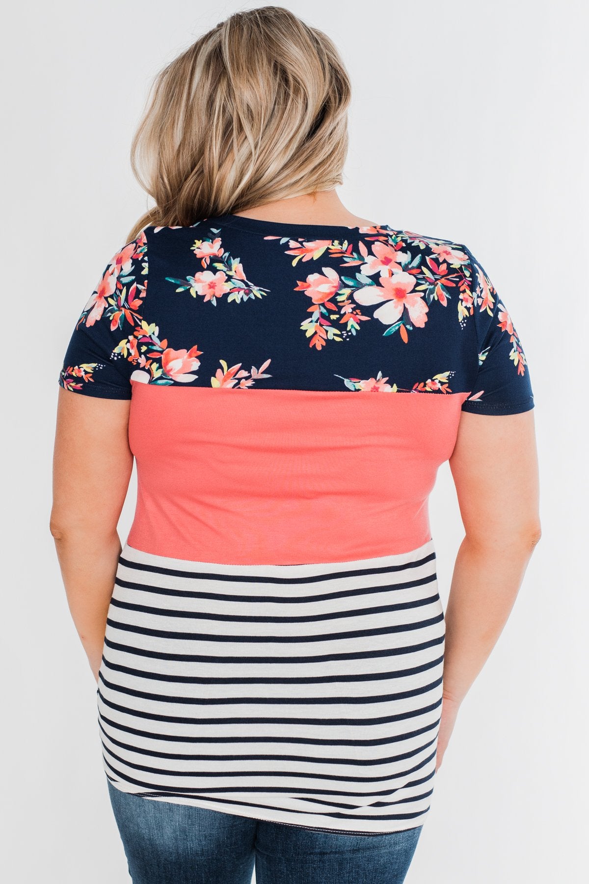 Crash Into You Floral Color Block Top- Navy & Dark Coral
