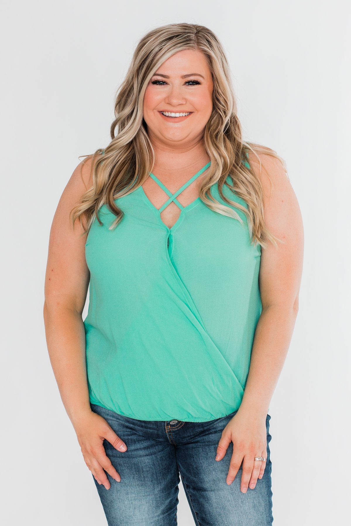 Close To Me Criss Cross Tank Top- Mint Blue