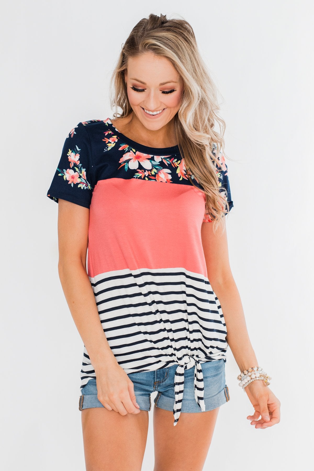 Crash Into You Floral Color Block Top- Navy & Dark Coral