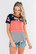 Crash Into You Floral Color Block Top- Navy & Dark Coral