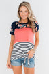 Crash Into You Floral Color Block Top- Navy & Dark Coral