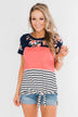 Crash Into You Floral Color Block Top- Navy & Dark Coral
