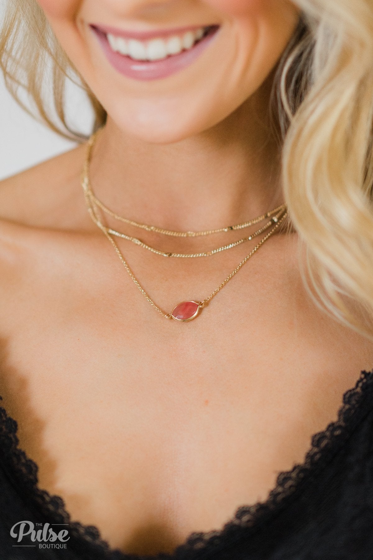 3 Tier Peach Stone Necklace- Gold