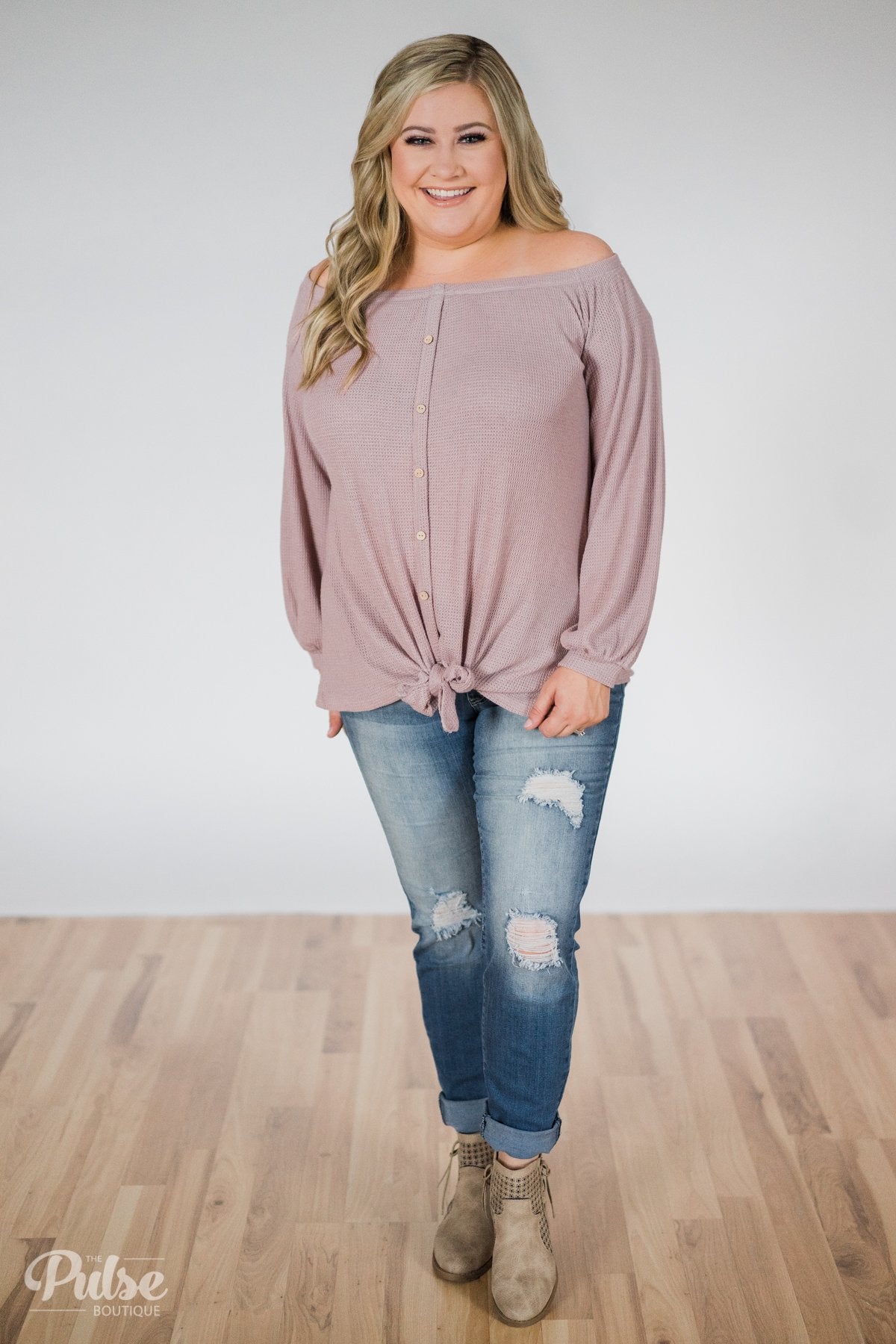Thermal Off the Shoulder Button Top- Dusty Mauve