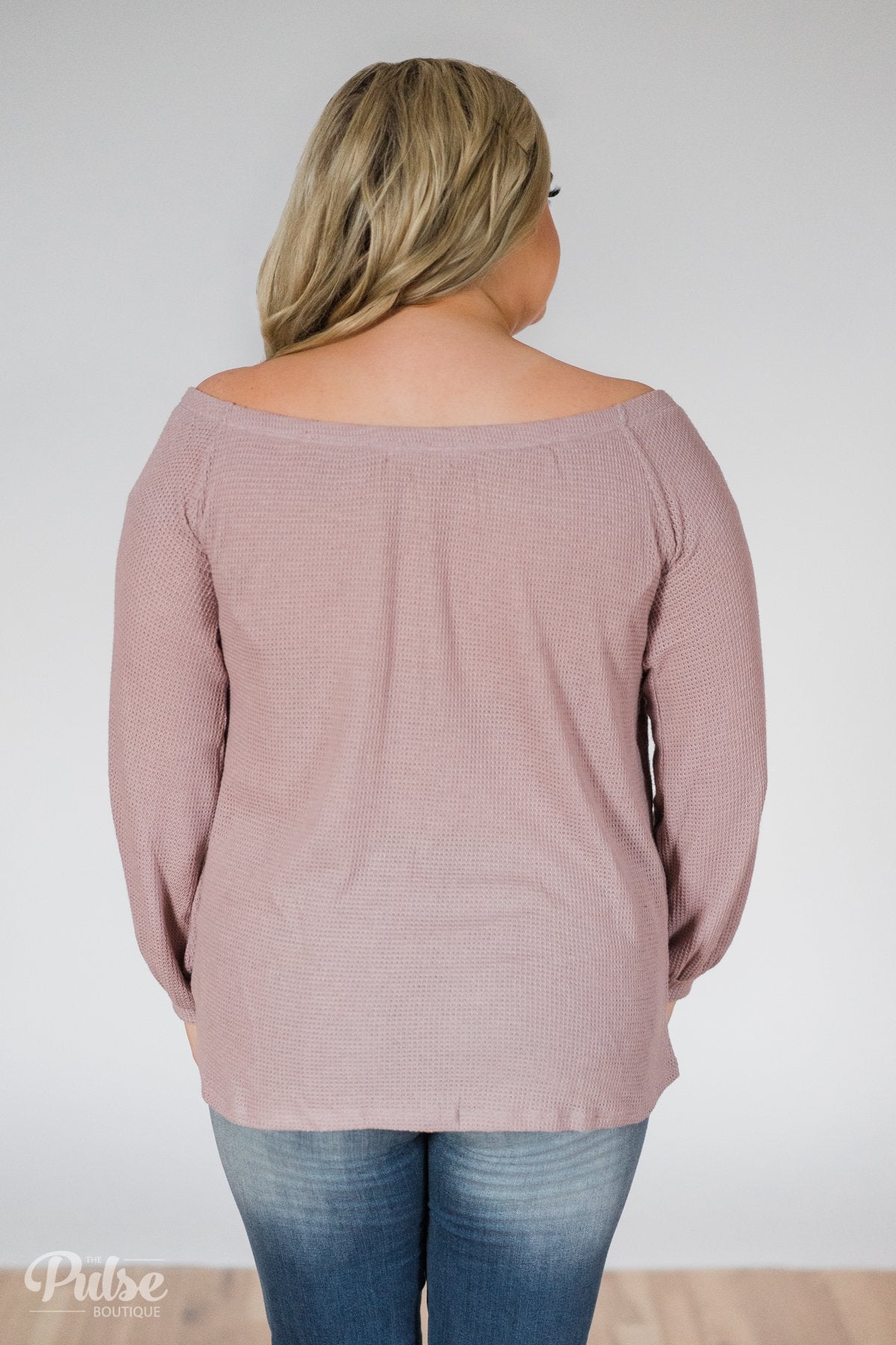 Thermal Off the Shoulder Button Top- Dusty Mauve