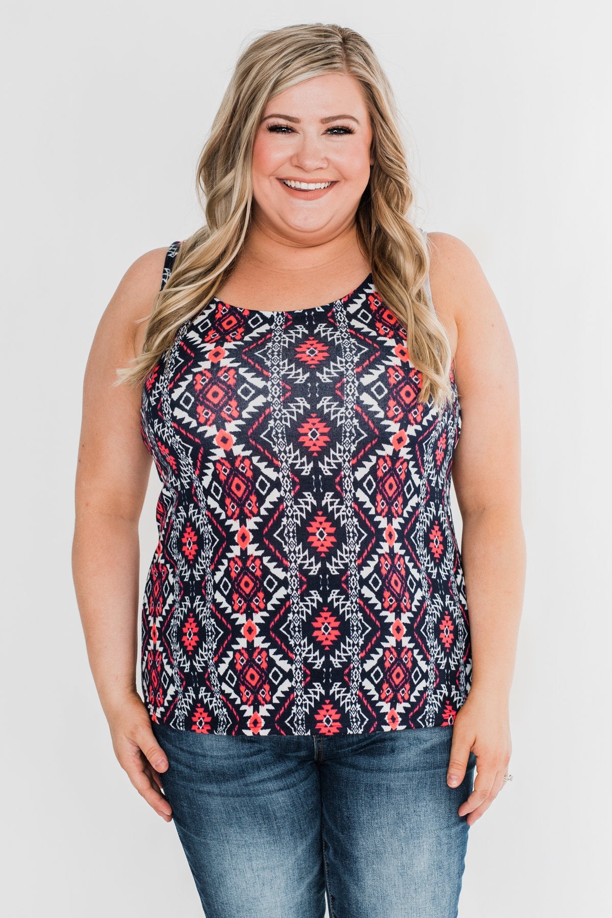 We Found Love Aztec Bow Tank Top- Navy & Neon Pink