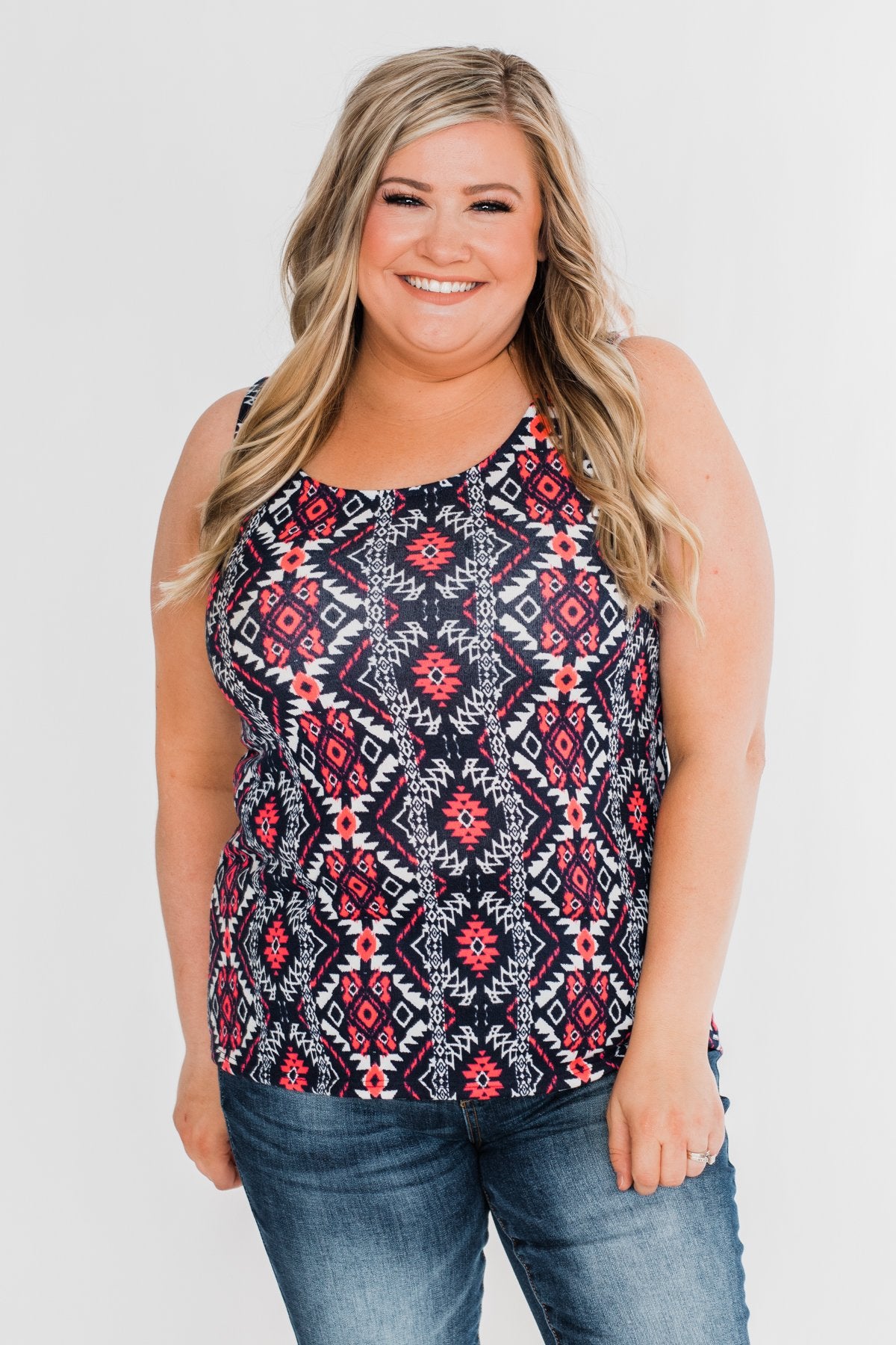 We Found Love Aztec Bow Tank Top- Navy & Neon Pink