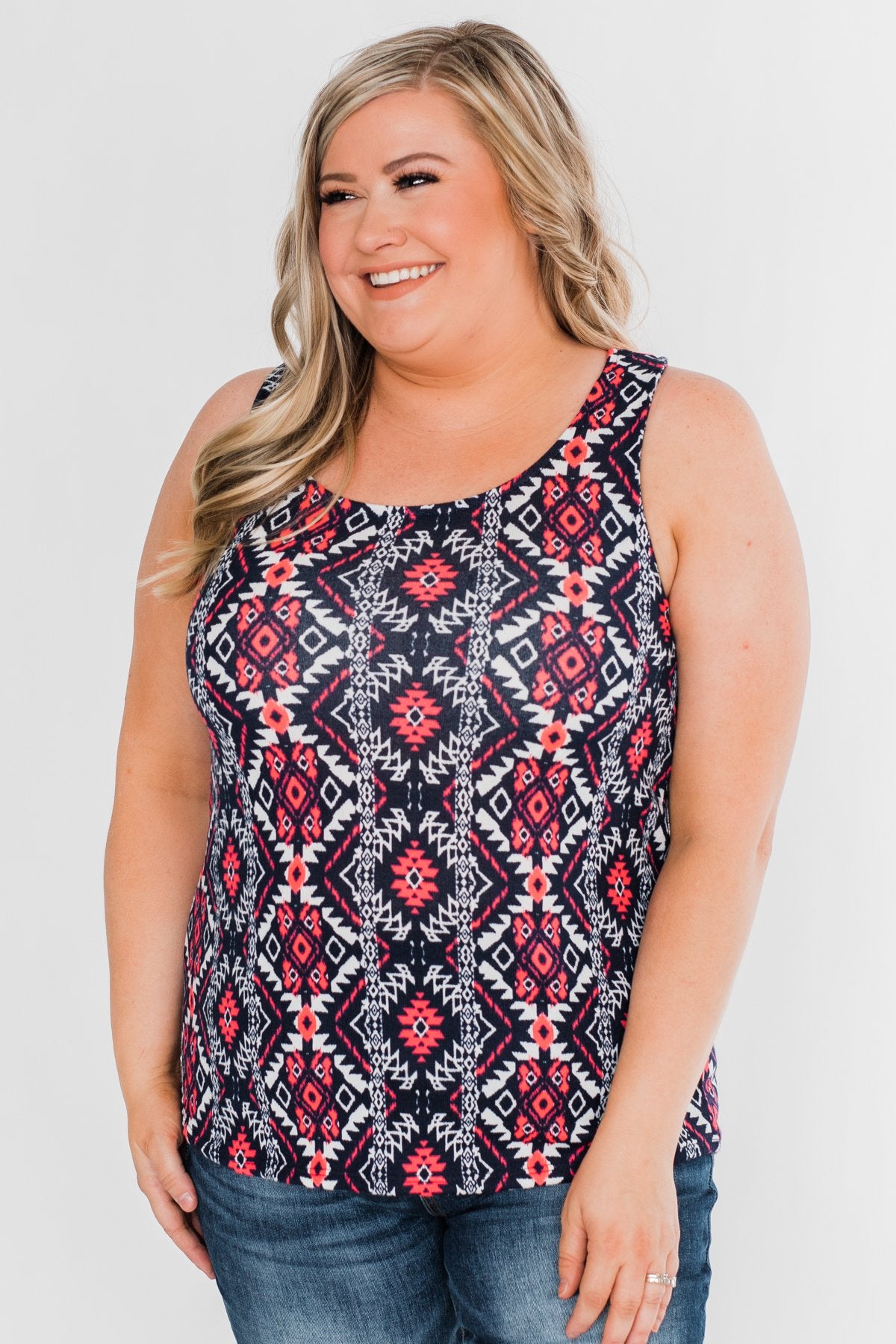 We Found Love Aztec Bow Tank Top- Navy & Neon Pink