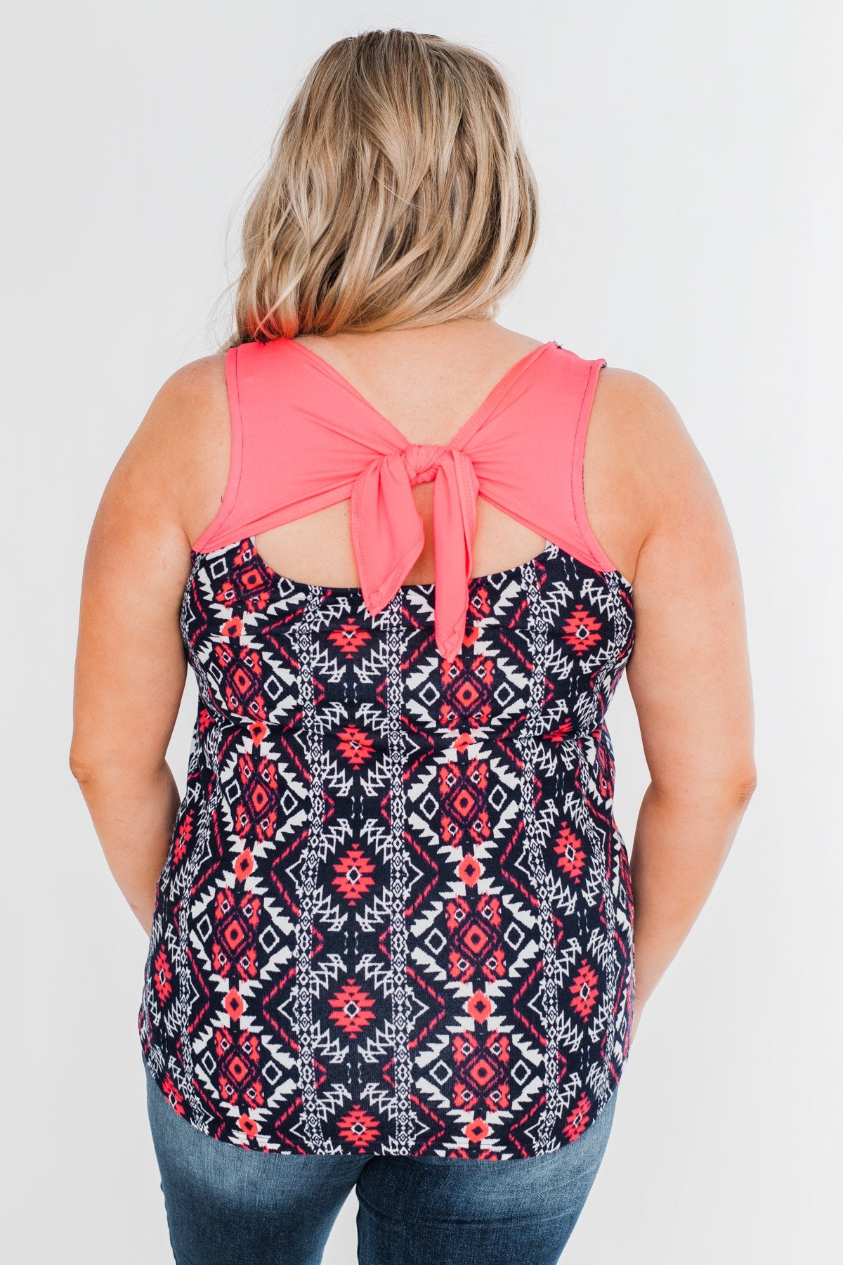 We Found Love Aztec Bow Tank Top- Navy & Neon Pink