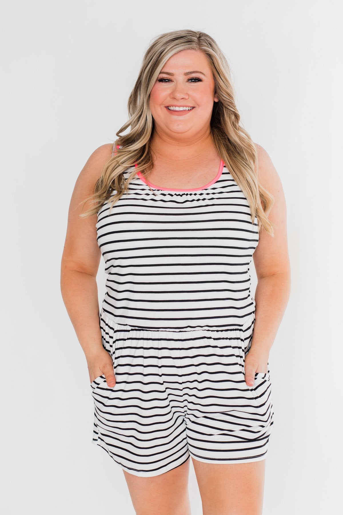 I'll Go My Way Romper- Neon Pink & Ivory