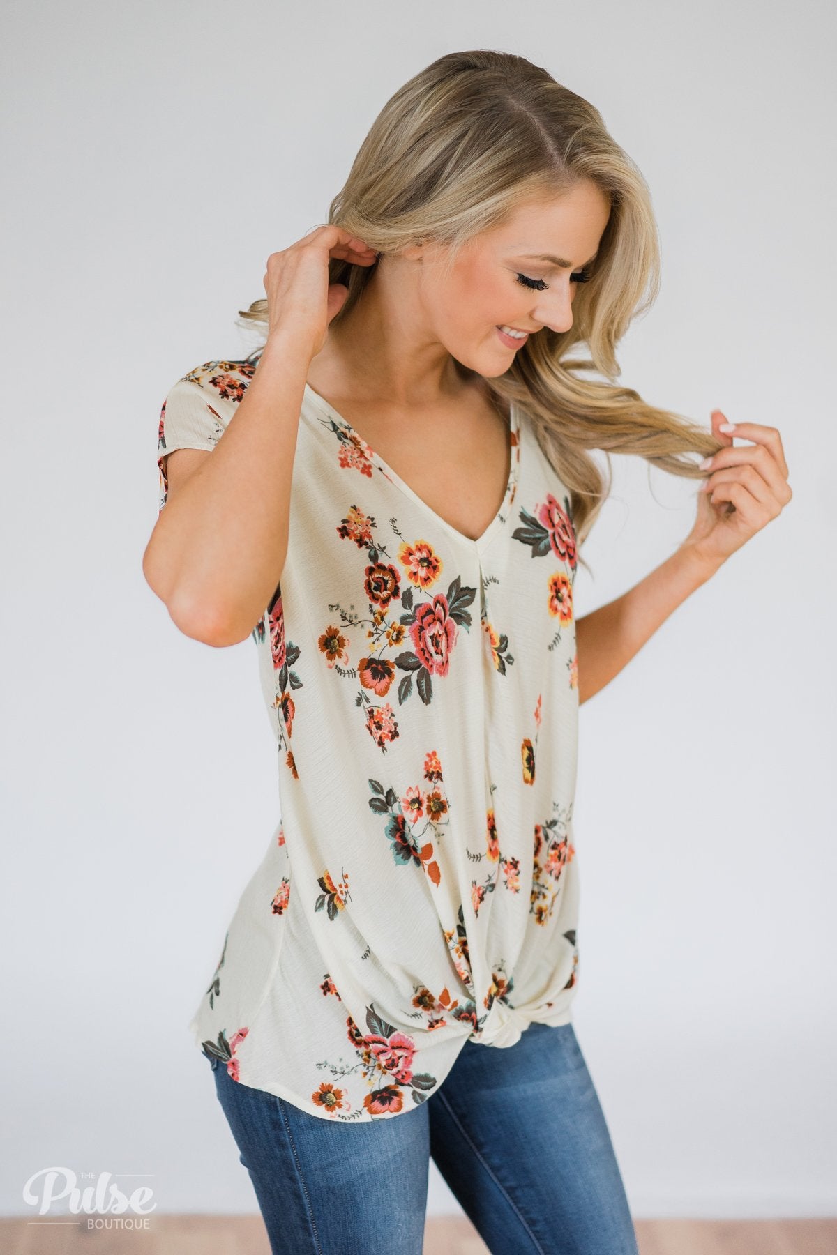 Once in a Lifetime Floral Knot Top- Cream