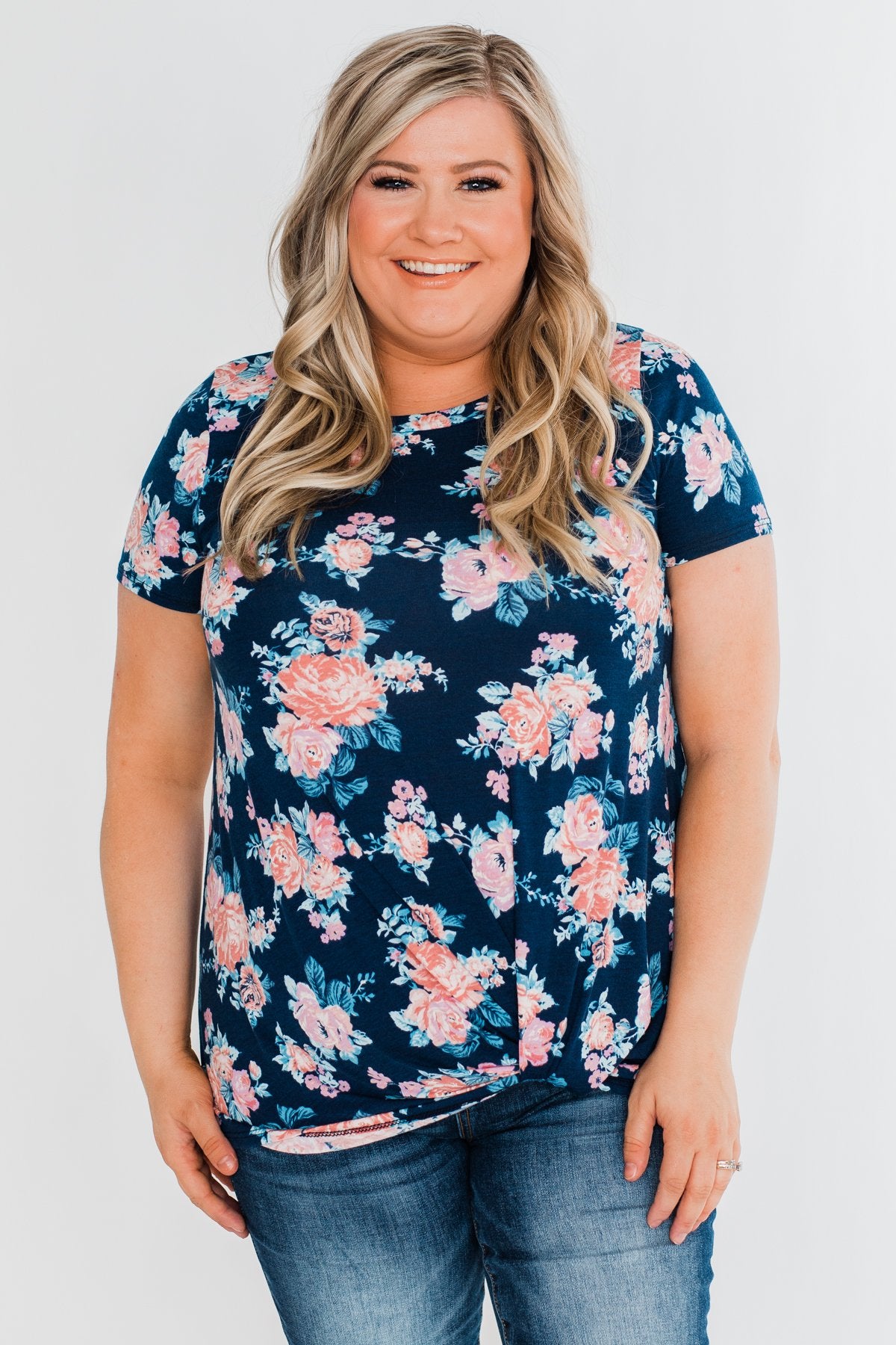 Sing With Me Floral Short Sleeve Knot Top- Navy