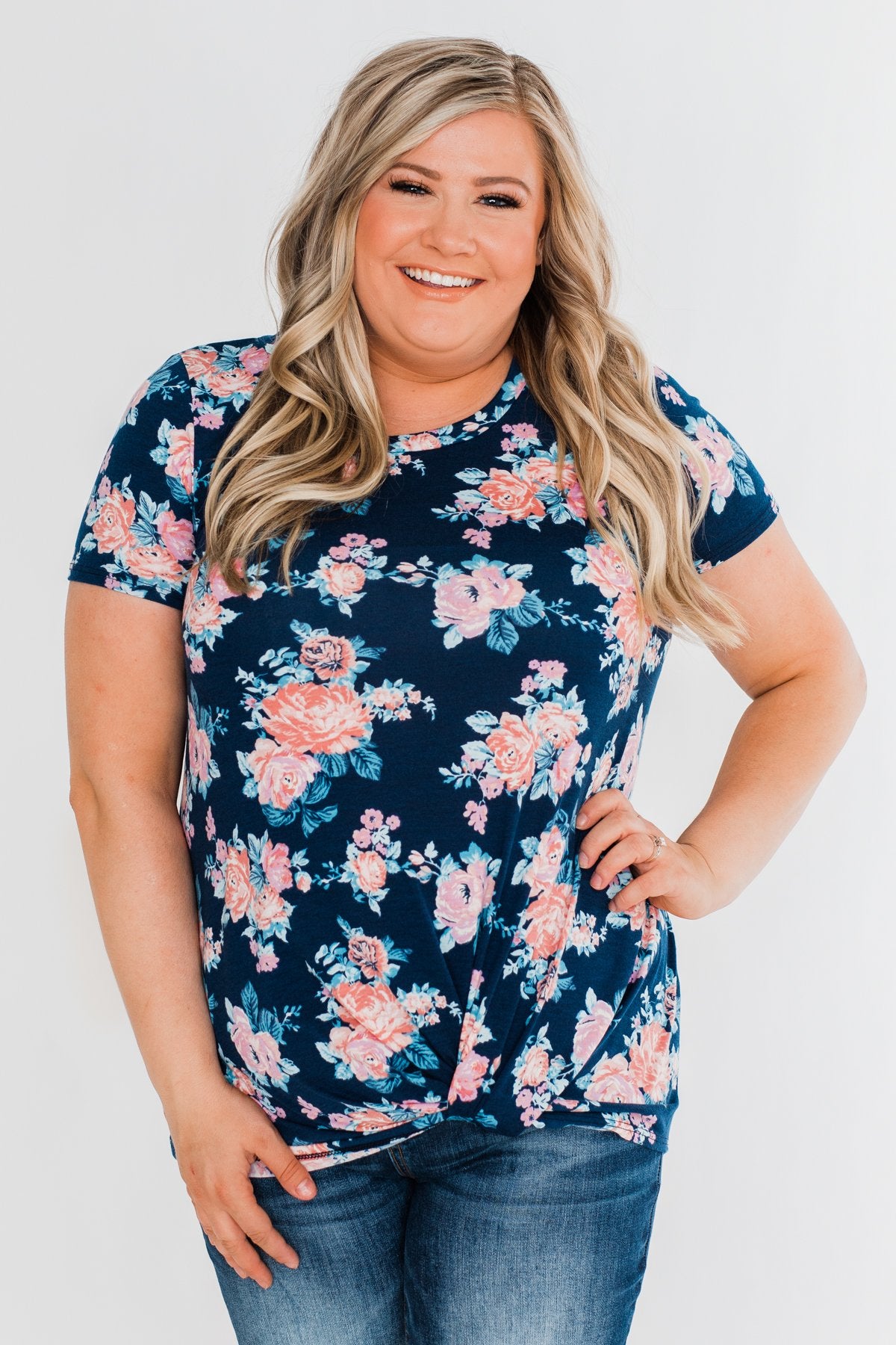 Sing With Me Floral Short Sleeve Knot Top- Navy