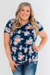 Sing With Me Floral Short Sleeve Knot Top- Navy