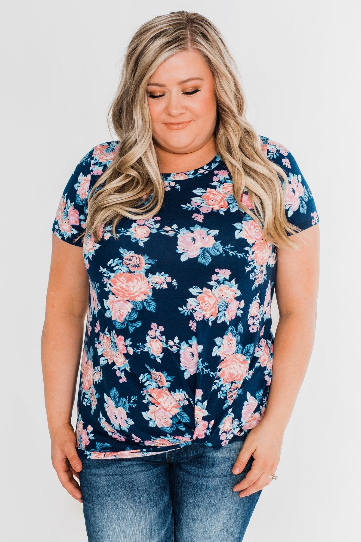 Sing With Me Floral Short Sleeve Knot Top- Navy
