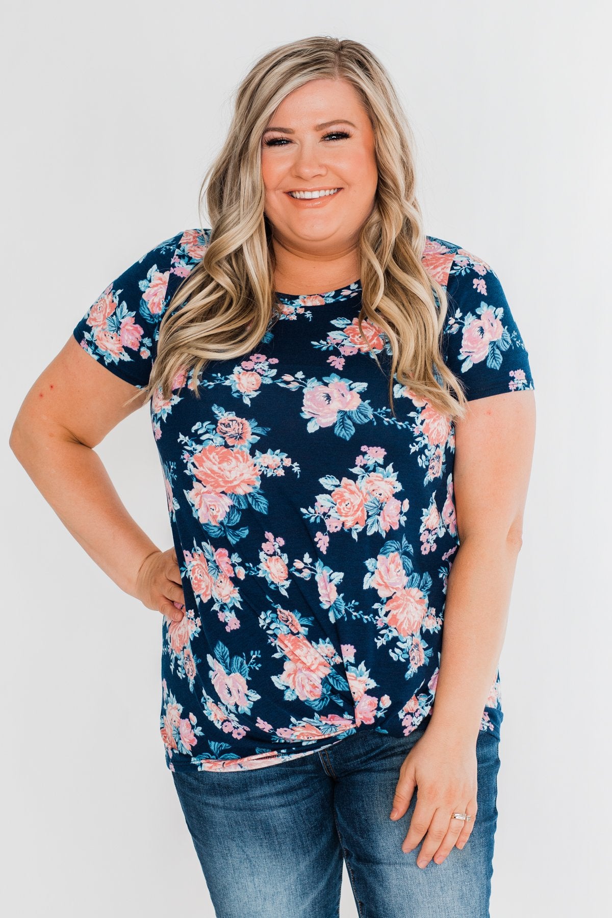 Sing With Me Floral Short Sleeve Knot Top- Navy