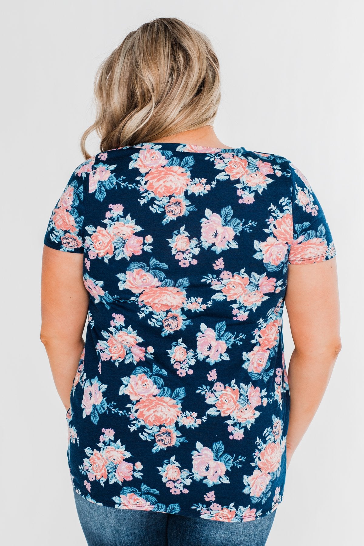Sing With Me Floral Short Sleeve Knot Top- Navy