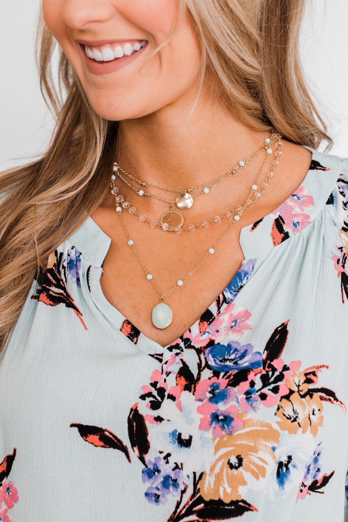 Elegant 4 Tier Beaded Chain Necklace- Sea Glass Blue & Gold