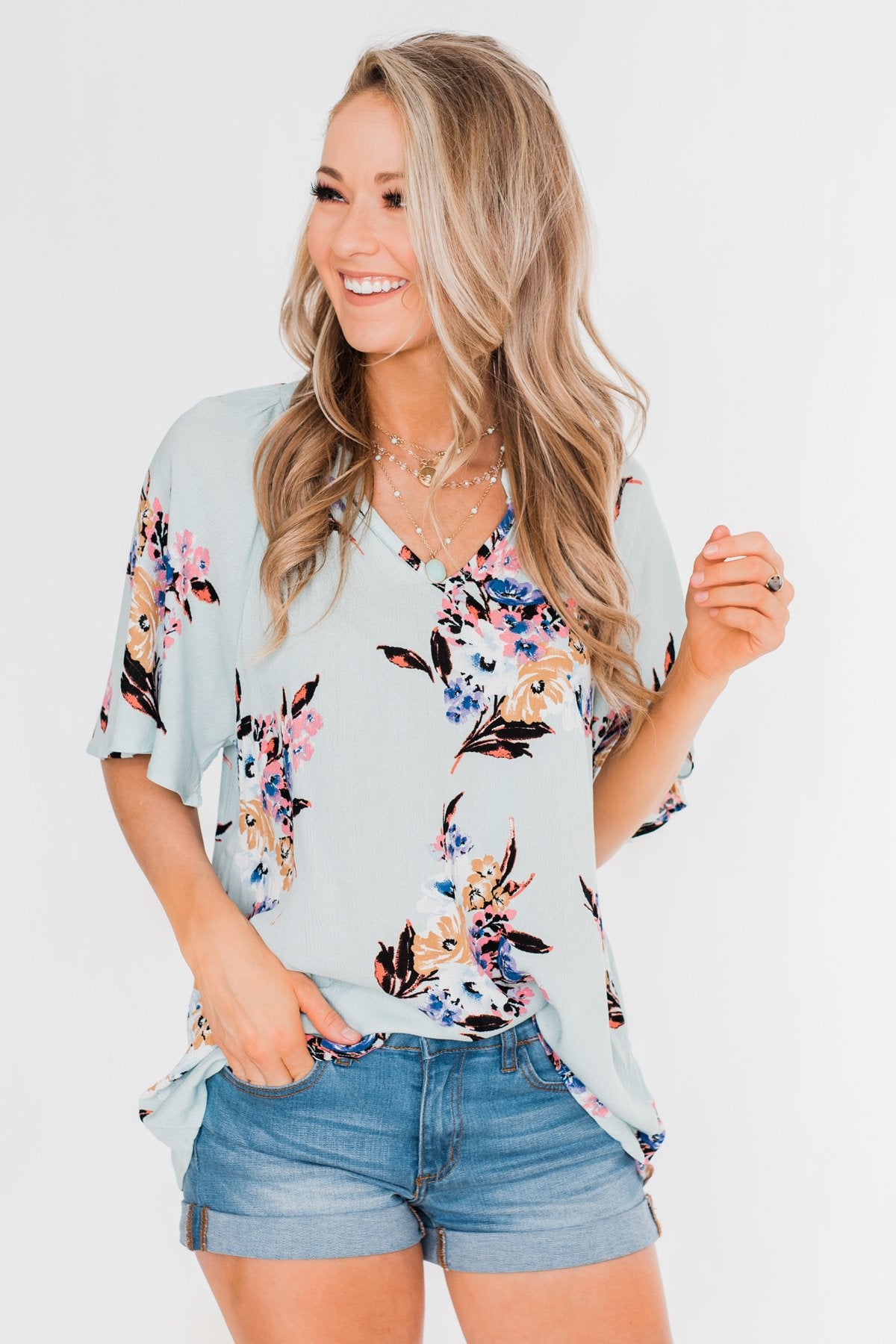 Chase Your Dreams Floral Blouse- Sky Blue