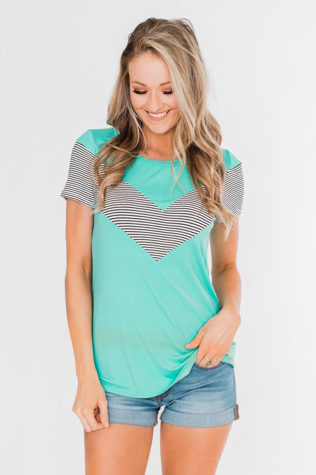 Striped Chevron Short Sleeve Top- Dark Aqua
