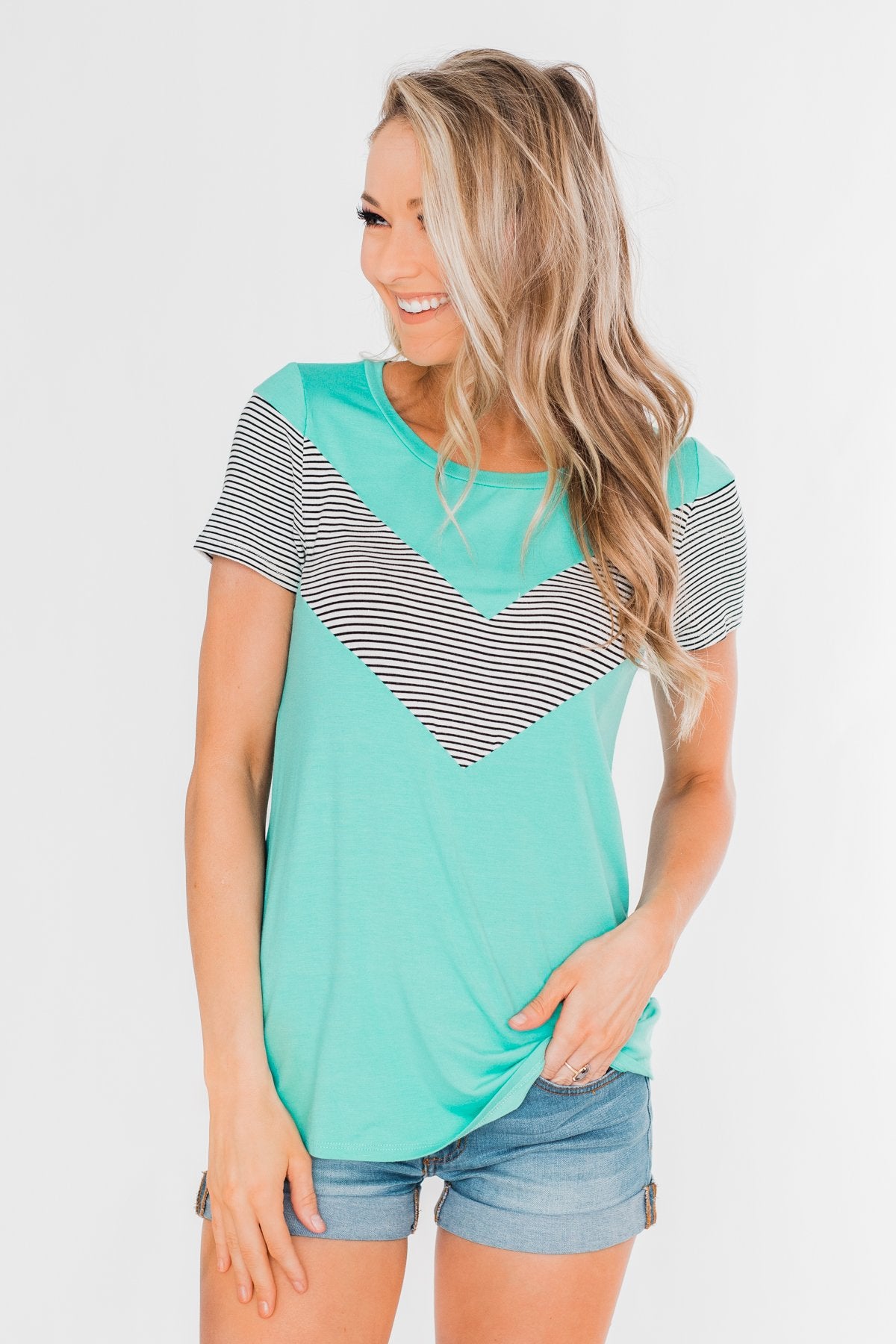 Striped Chevron Short Sleeve Top- Dark Aqua