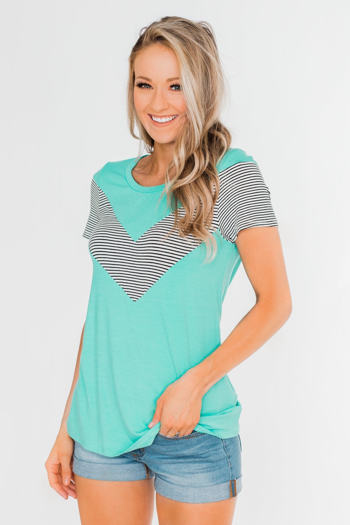 Striped Chevron Short Sleeve Top- Dark Aqua