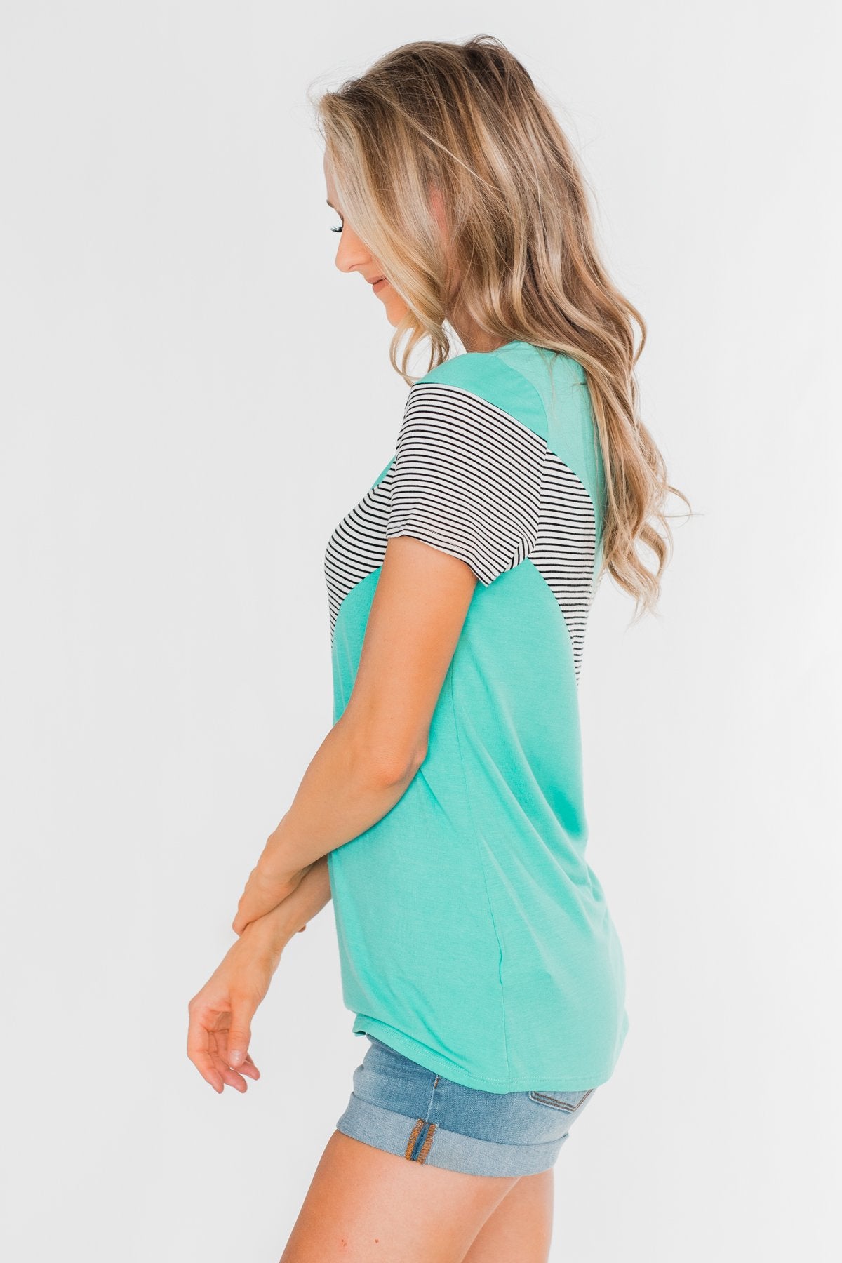 Striped Chevron Short Sleeve Top- Dark Aqua