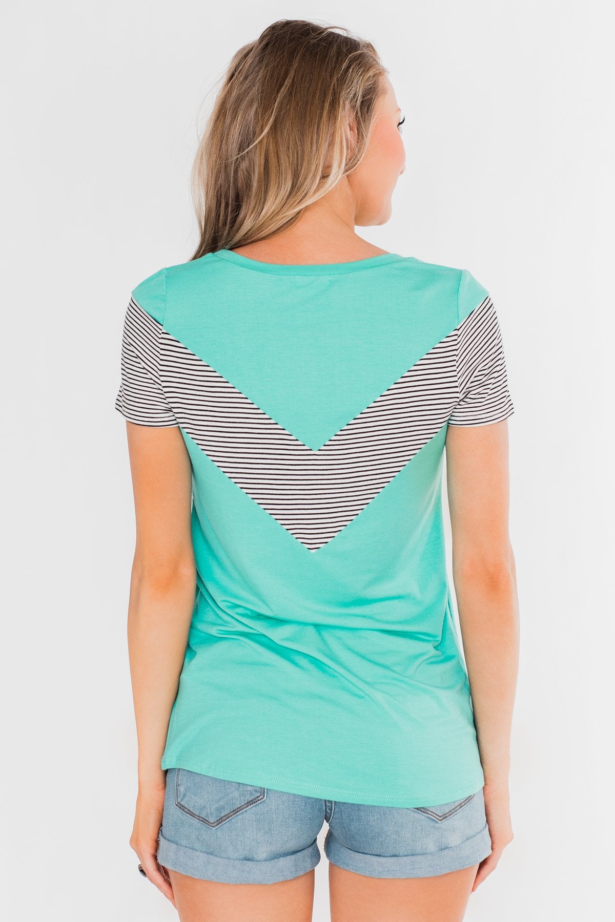 Striped Chevron Short Sleeve Top- Dark Aqua