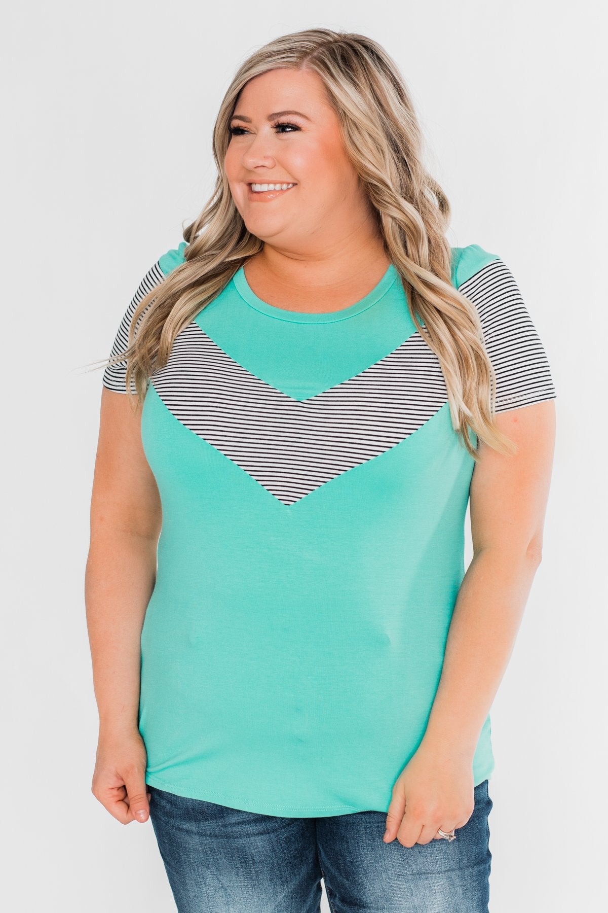 Striped Chevron Short Sleeve Top- Dark Aqua