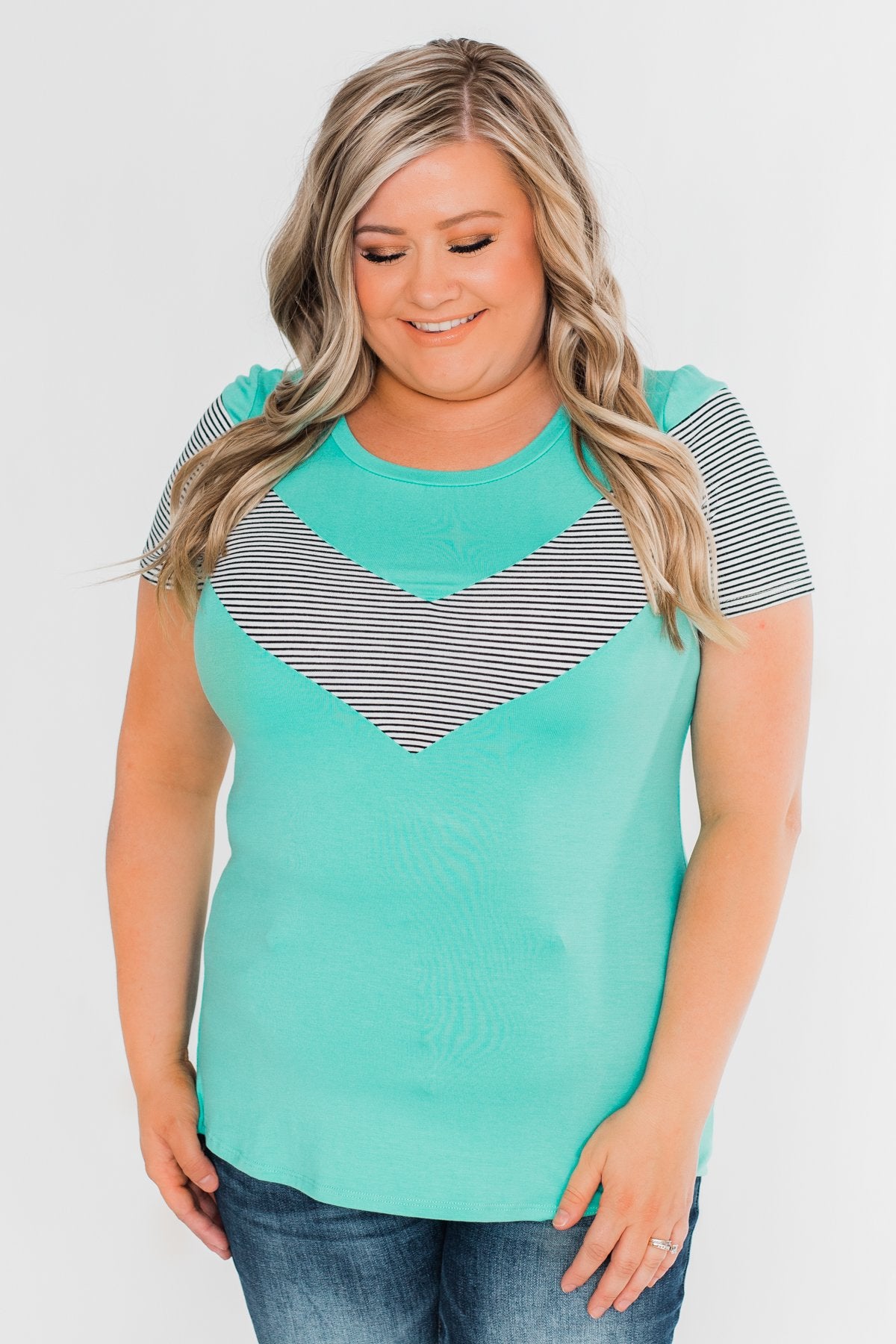 Striped Chevron Short Sleeve Top- Dark Aqua