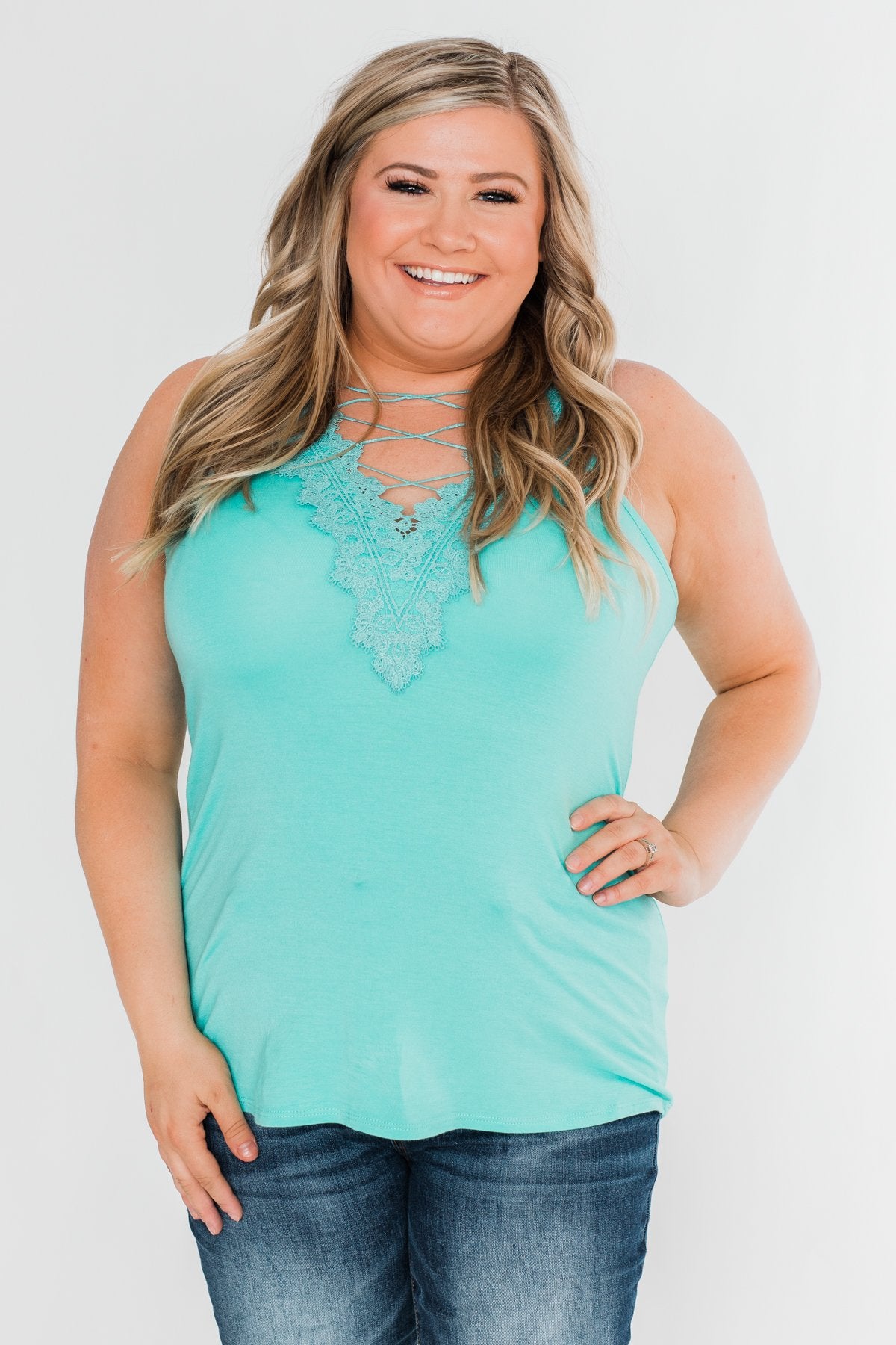 Front Lace Criss Cross Tank Top- Aqua
