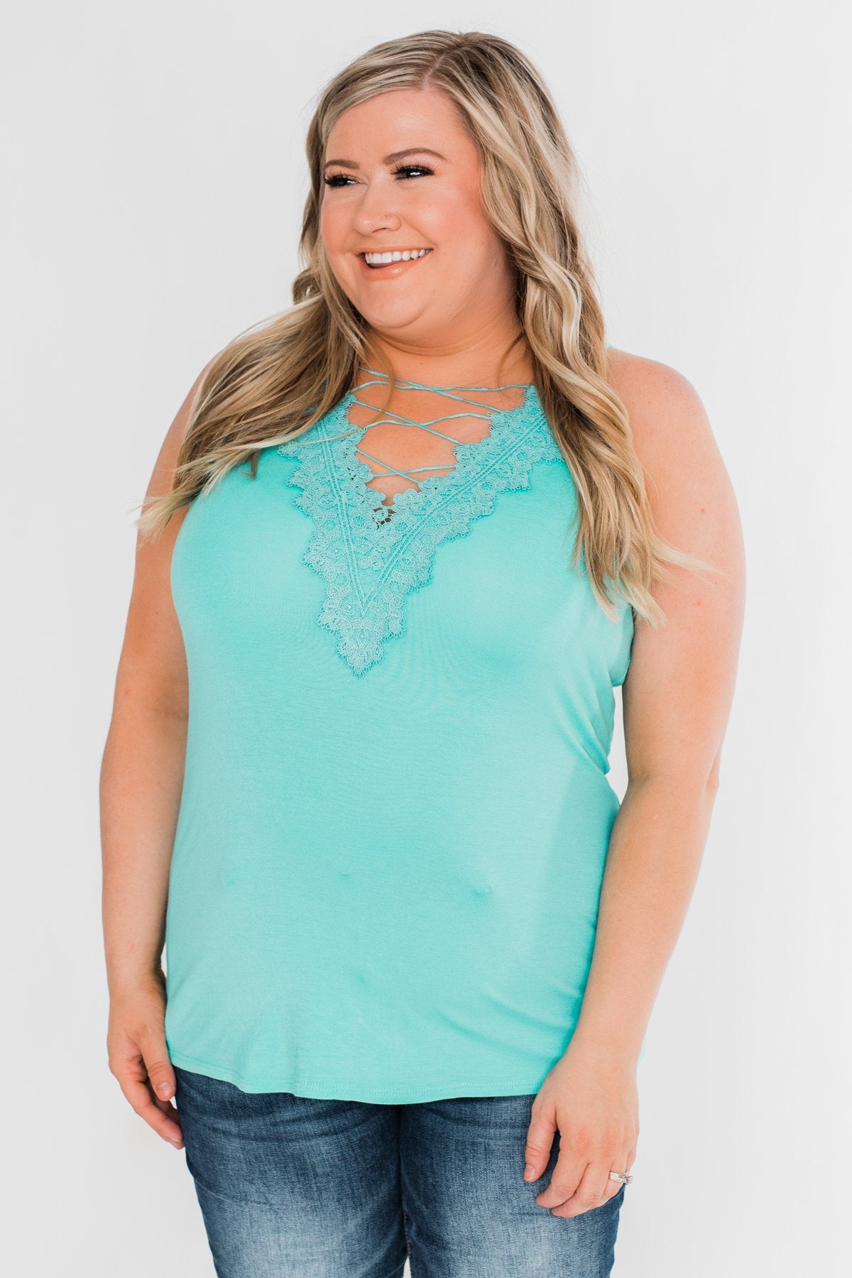 Front Lace Criss Cross Tank Top- Aqua