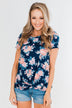 Sing With Me Floral Short Sleeve Knot Top- Navy