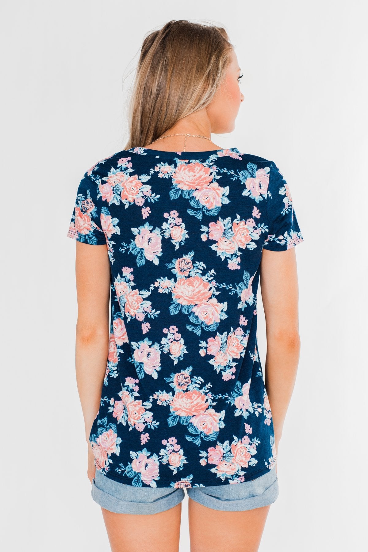 Sing With Me Floral Short Sleeve Knot Top- Navy