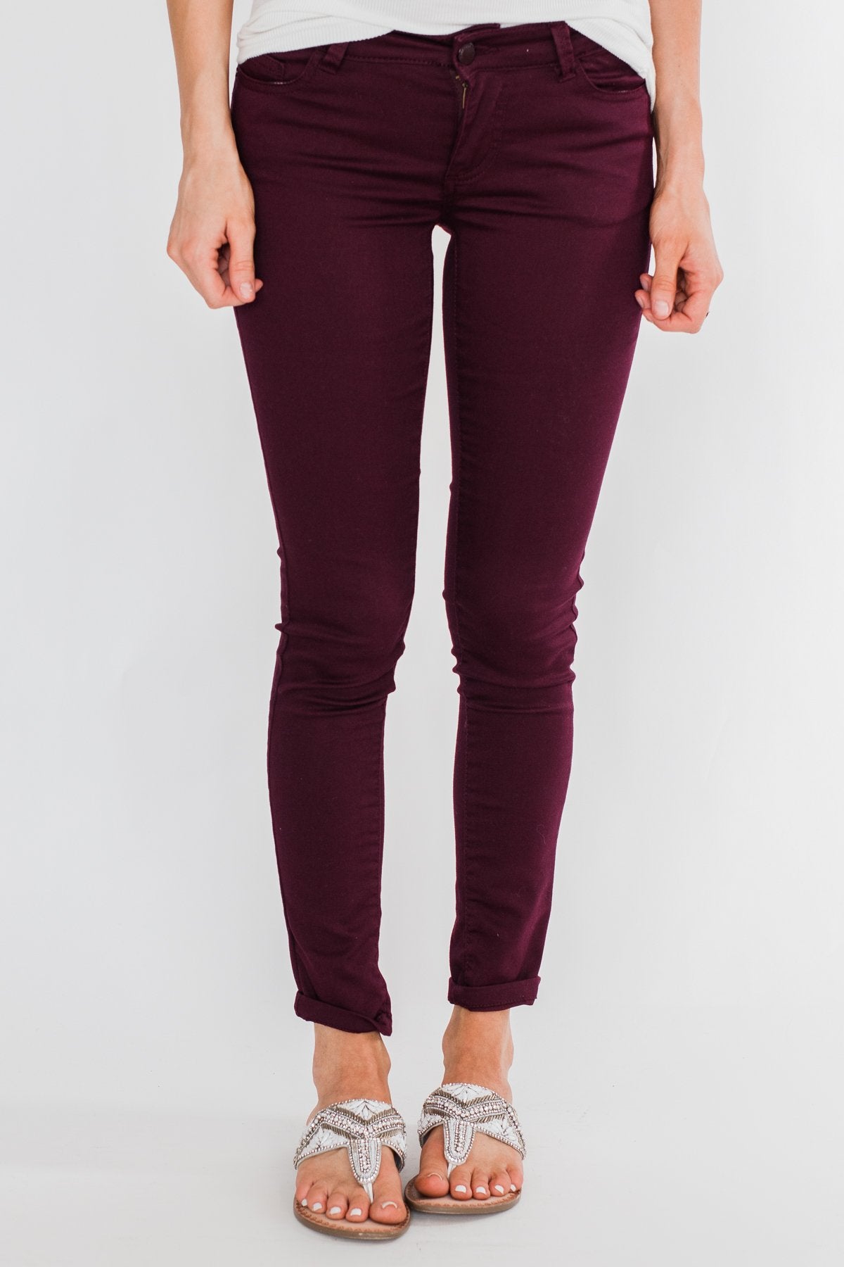 C'est Toi Non Distressed Colored Skinnies- Dark Burgundy