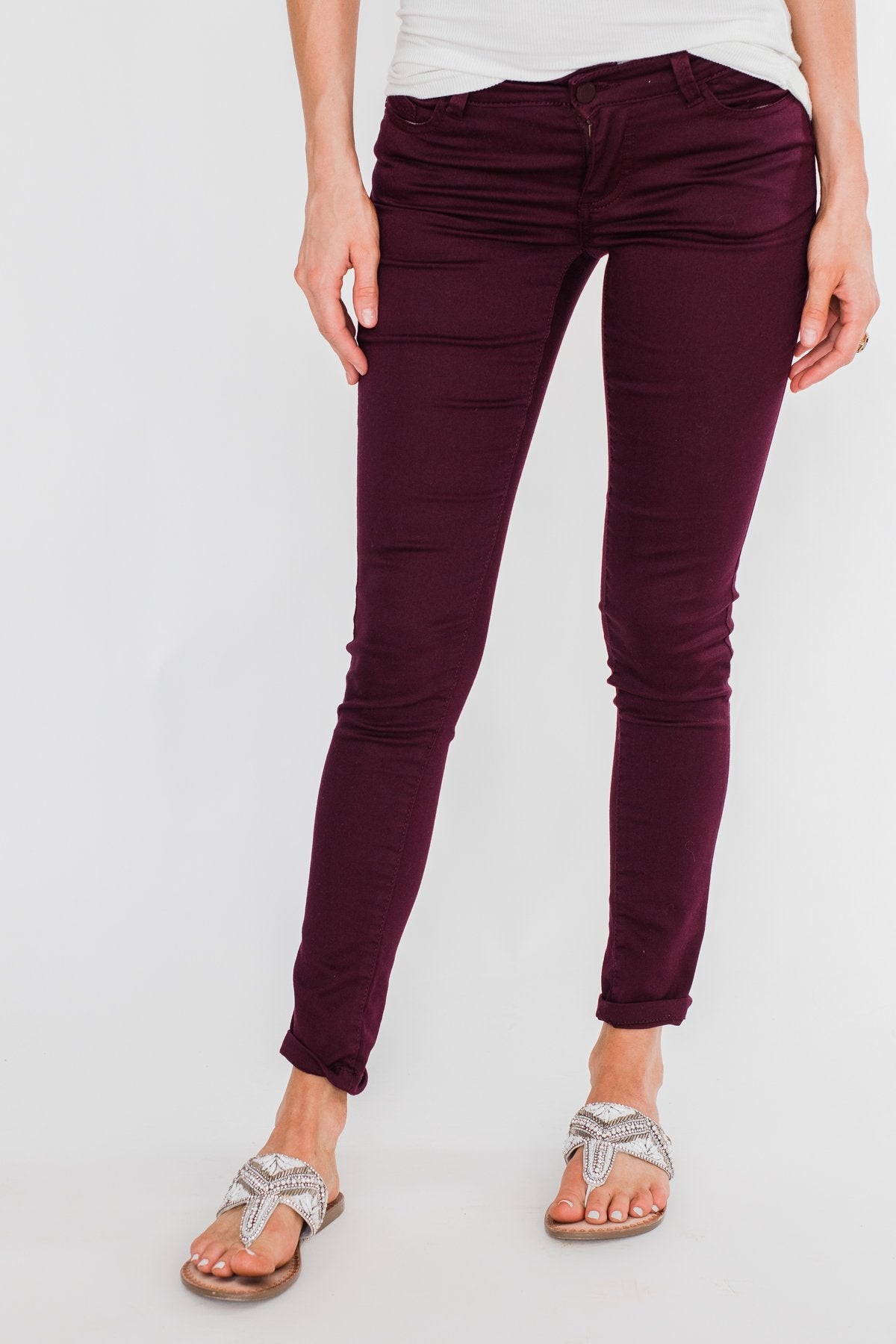 C'est Toi Non Distressed Colored Skinnies- Dark Burgundy