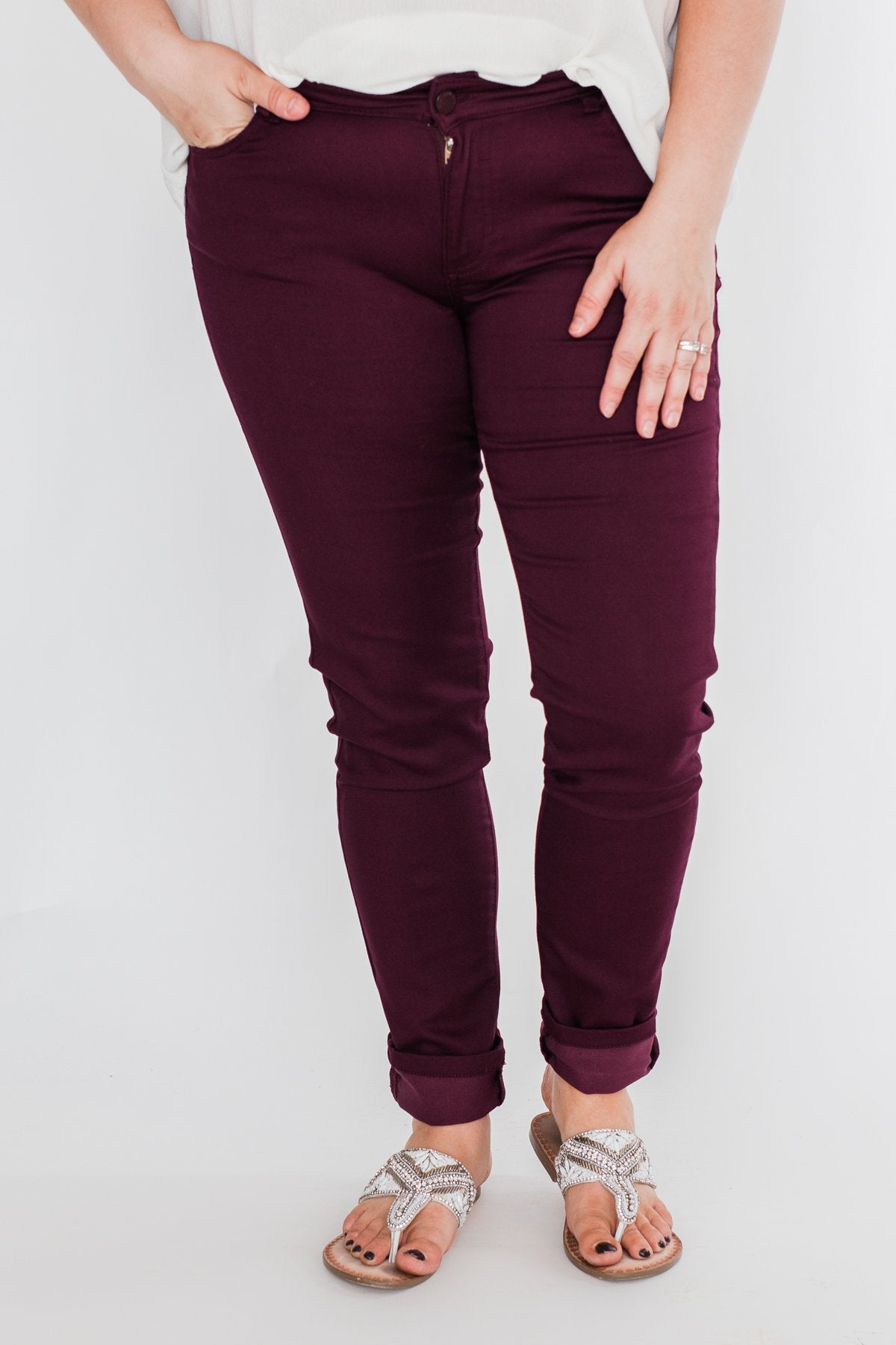 C'est Toi Non Distressed Colored Skinnies- Dark Burgundy