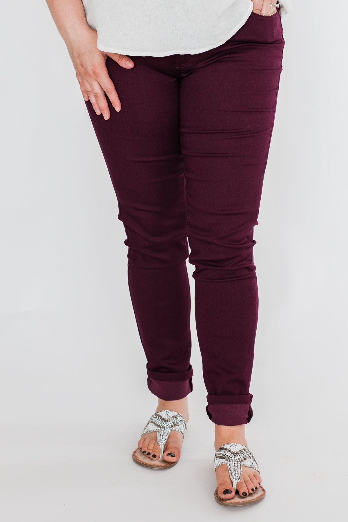 C'est Toi Non Distressed Colored Skinnies- Dark Burgundy