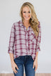 Button Up Plaid Top- Ivory & Wine