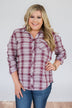 Button Up Plaid Top- Ivory & Wine
