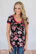Borrow my Heart Floral V-Neck Pocket Top- Black