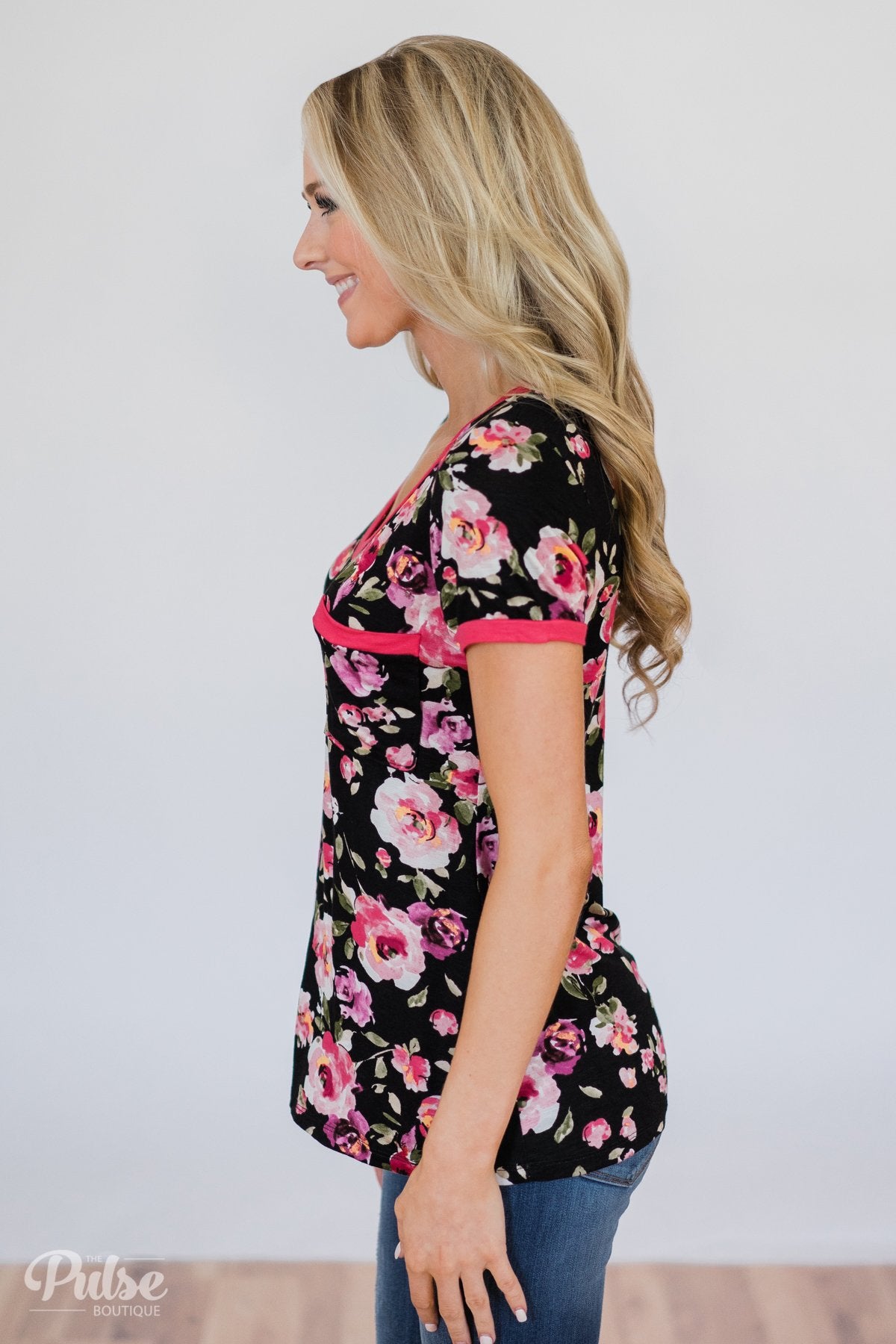 Borrow my Heart Floral V-Neck Pocket Top- Black