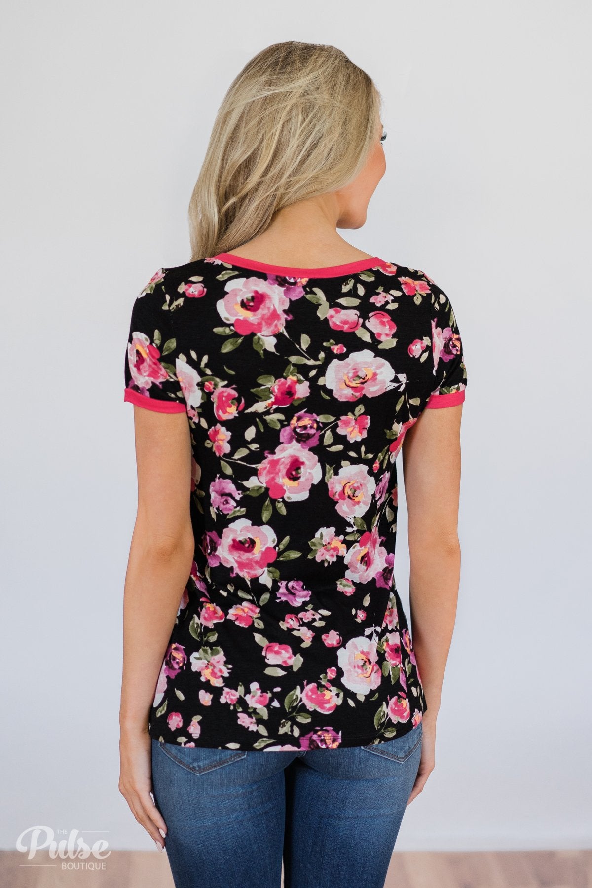 Borrow my Heart Floral V-Neck Pocket Top- Black