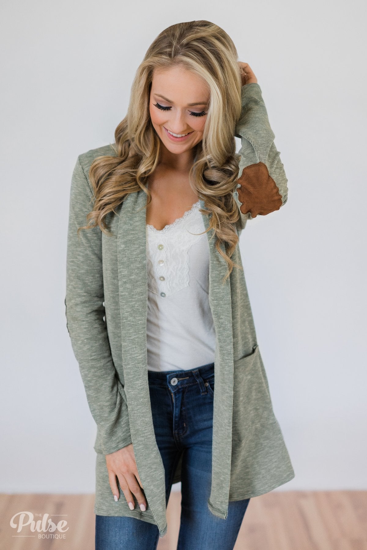 As Long As You Need Elbow Patch Cardigan- Soft Sage