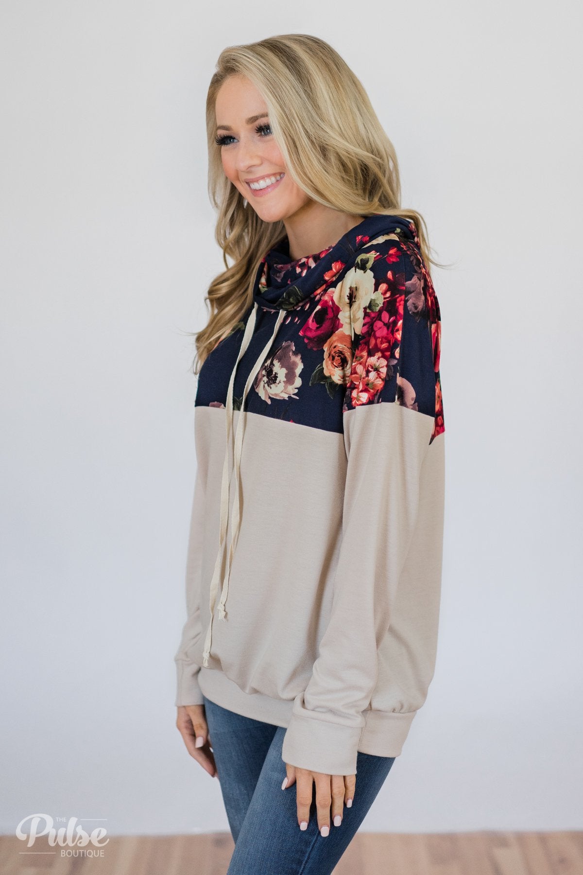 Made for You Floral Cowl Neck- Navy