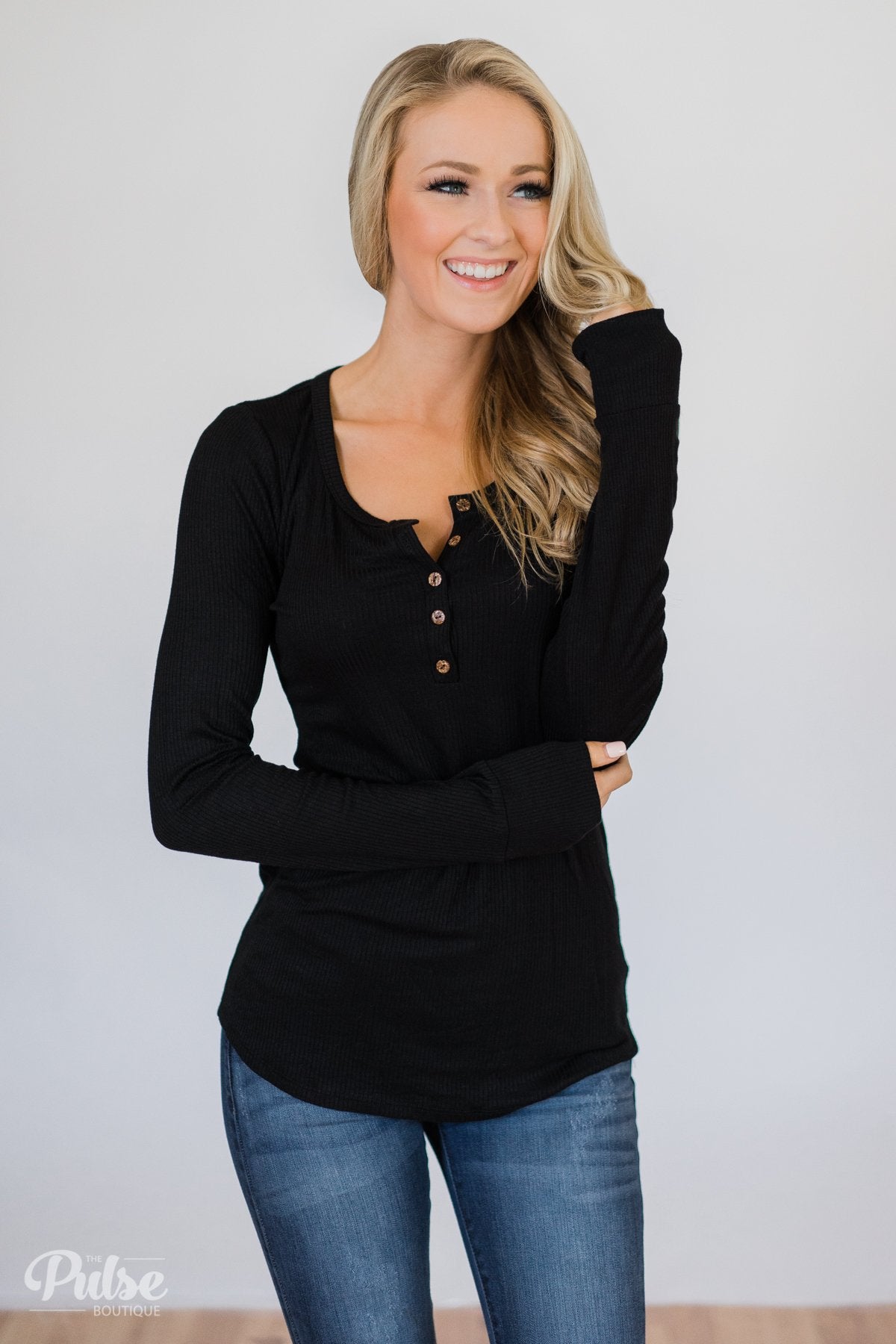 Need You Now 5-Button Henley Top- Black