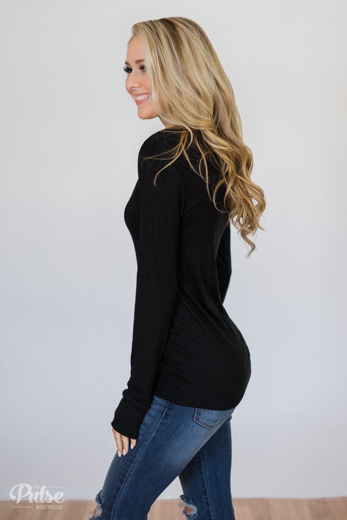 Need You Now 5-Button Henley Top- Black