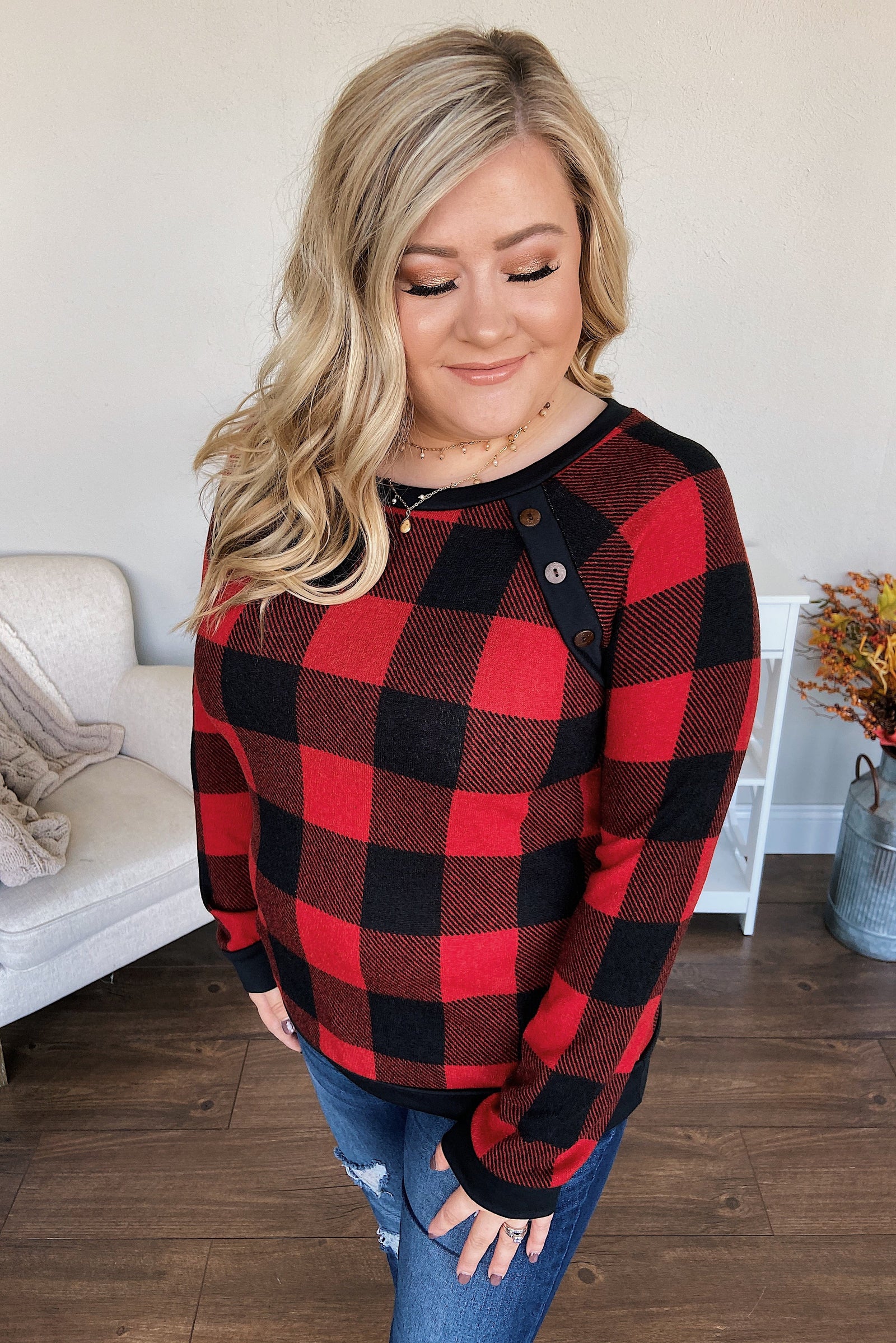 On My Mind Button Detail Top- Buffalo Plaid